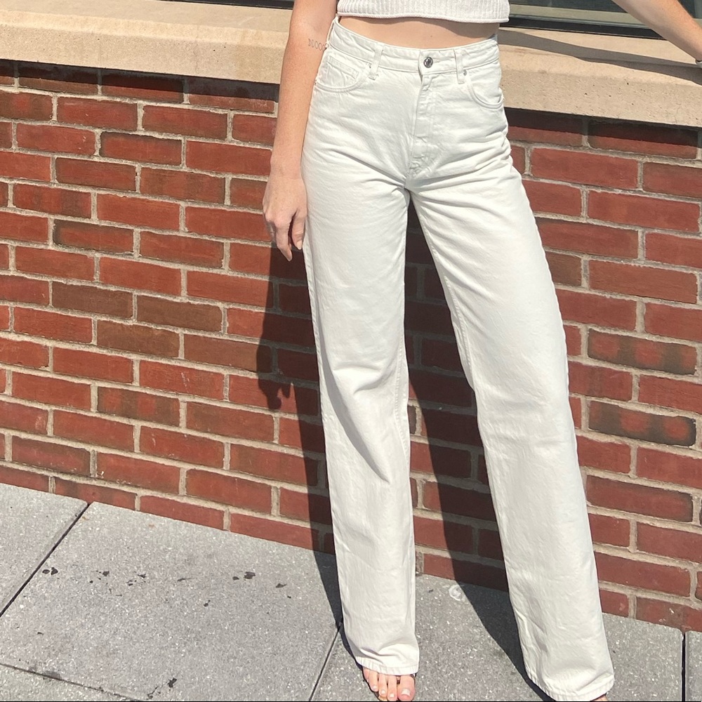Zara wide leg full length white denim jean pant